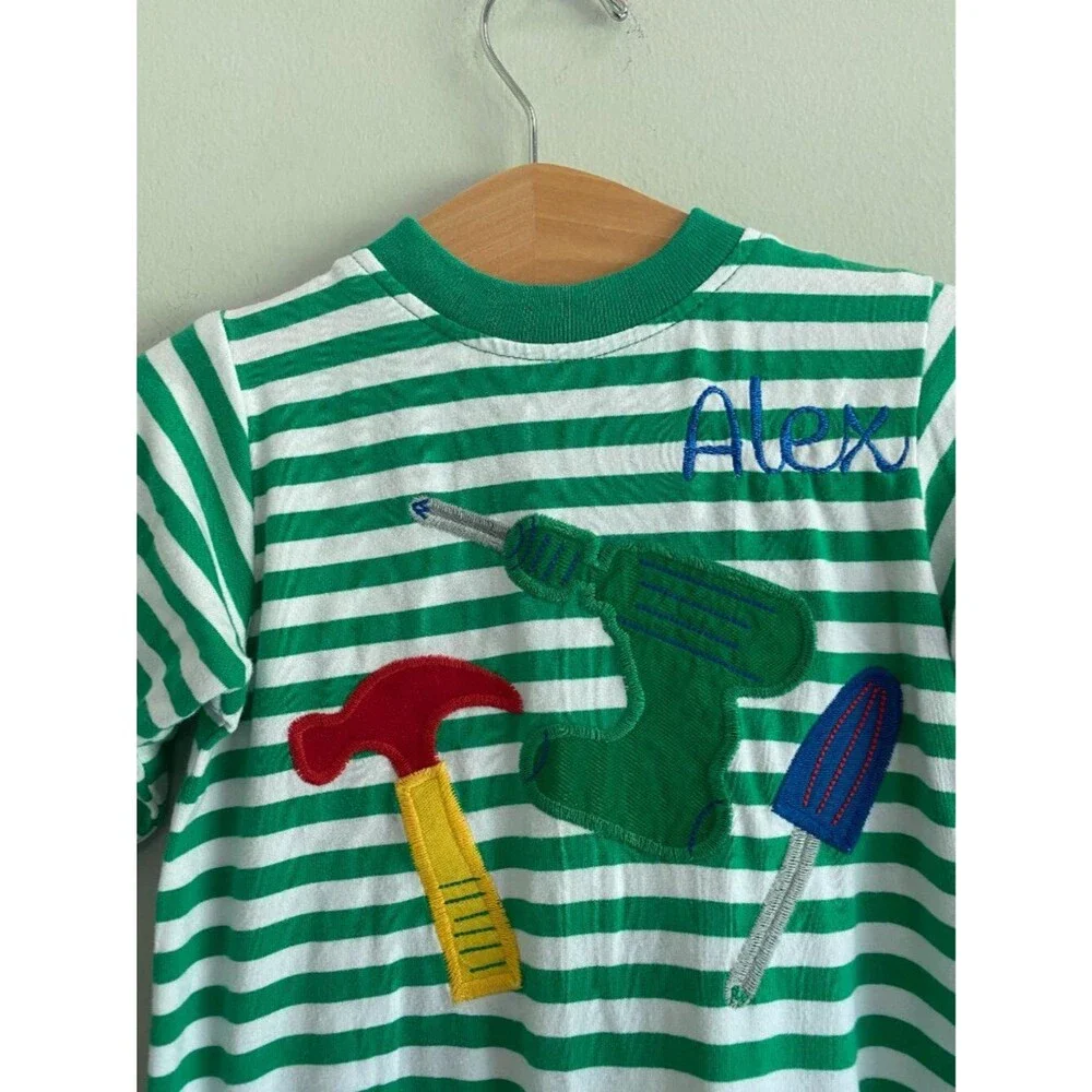 Bailey Boys Snap Pajamas Embroidered Alex Tools Green White Stripes Pajamas 12M